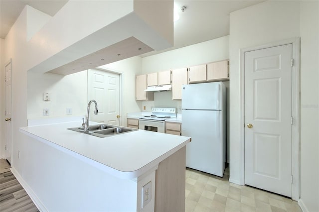 13025 Sanctuary Cove Dr Unit 301, Temple Terrace, FL 33637 - kitchen with white appliances, a sink, under cabinet range hood, a peninsula, and light flooring