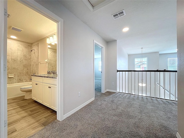 3063 Marine Grass Dr, Wimauma, FL 33598 - hallway with a textured ceiling, baseboards, light colored carpet, and a sink