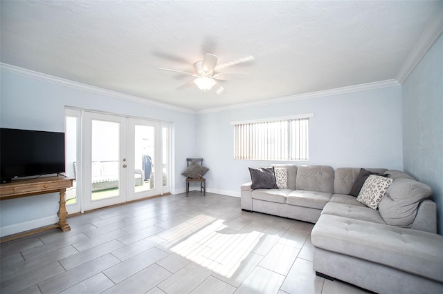 11071 141st St, Largo, FL 33774 - living area featuring french doors, a ceiling fan, plenty of natural light, crown molding, and baseboards