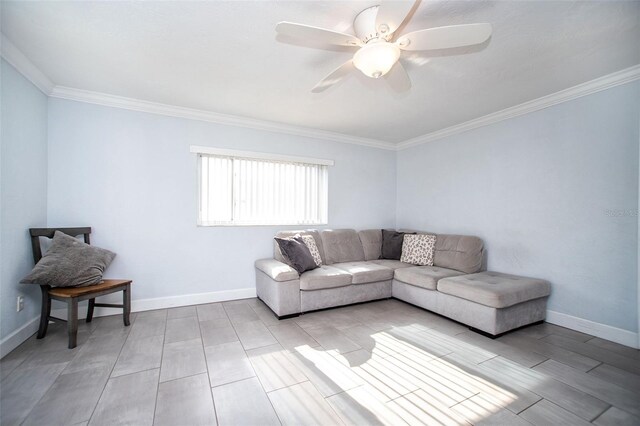 11071 141st St, Largo, FL 33774 - living area featuring crown molding, ceiling fan, baseboards, and wood tiled floors