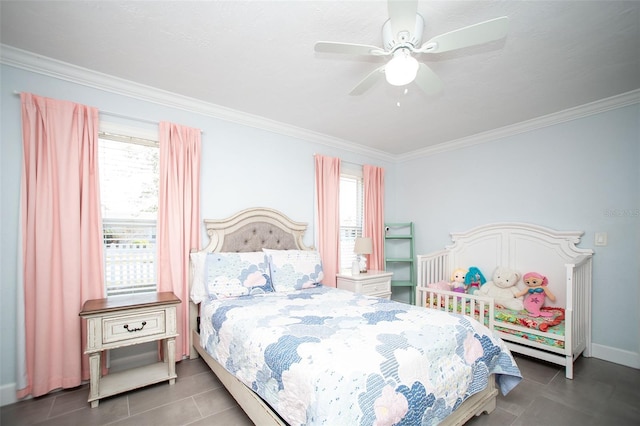 11071 141st St, Largo, FL 33774 - bedroom featuring multiple windows, ornamental molding, tile patterned floors, ceiling fan, and baseboards