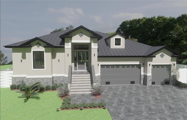 24060 Peppercorn Rd, Punta Gorda, FL 33955 - view of front facade with a standing seam roof, decorative driveway, a garage, stone siding, and metal roof