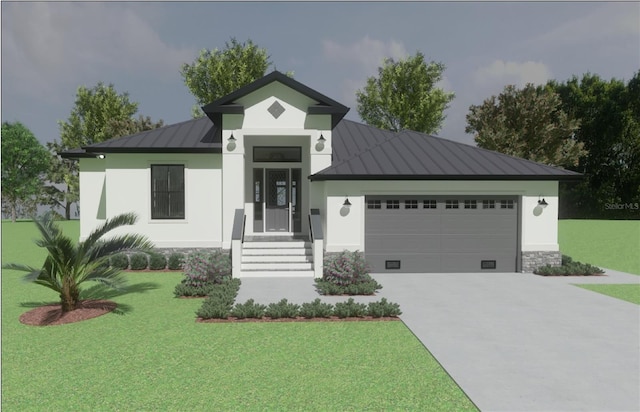 24260 Vincent Ave, Punta Gorda, FL 33955 - view of front facade featuring a standing seam roof, concrete driveway, an attached garage, metal roof, and a front yard