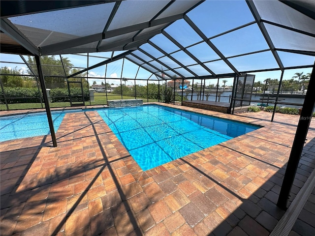 3654 Corsair Ct, New Port Richey, FL 34652 - swimming pool with glass enclosure, a patio area, and a water view