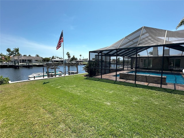 3654 Corsair Ct, New Port Richey, FL 34652 - dock with an outdoor pool, a yard, a water view, and glass enclosure