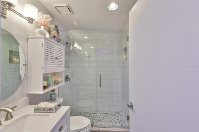 214 Lookout Dr, Apollo Beach, FL 33572 - full bath featuring toilet, a stall shower, vanity, and recessed lighting