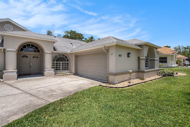 14181 Cornewall Ln, Spring Hill, FL 34609 - view of front facade featuring a garage, stucco siding, concrete driveway, a front yard, and a shingled roof