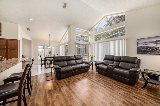 14181 Cornewall Ln, Spring Hill, FL 34609 - living room with dark wood-style flooring, a textured ceiling, and high vaulted ceiling