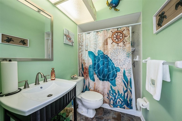 14181 Cornewall Ln, Spring Hill, FL 34609 - full bath featuring toilet, vanity, stone finish flooring, and a shower with shower curtain