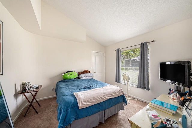 14181 Cornewall Ln, Spring Hill, FL 34609 - carpeted bedroom featuring lofted ceiling, baseboards, and a textured ceiling