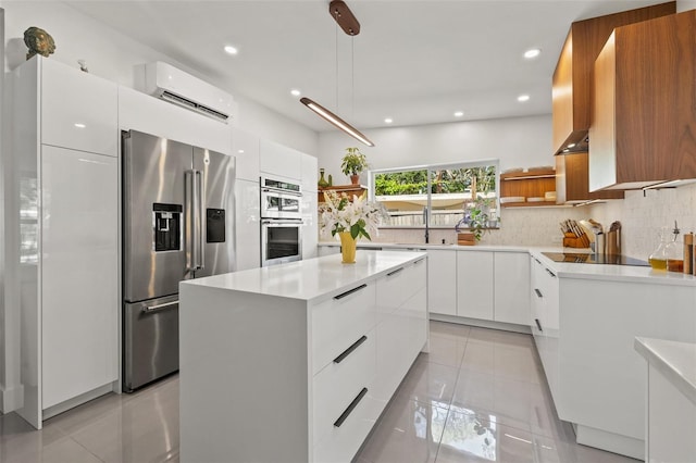 310 55th Ave S, Saint Petersburg, FL 33705 - kitchen with stainless steel appliances, open shelves, modern cabinets, a wall unit AC, and recessed lighting