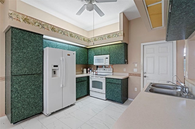 9314 Alta Sol Way, New Port Richey, FL 34655 - kitchen featuring white appliances, light marble finish floors, green cabinetry, light countertops, and ceiling fan