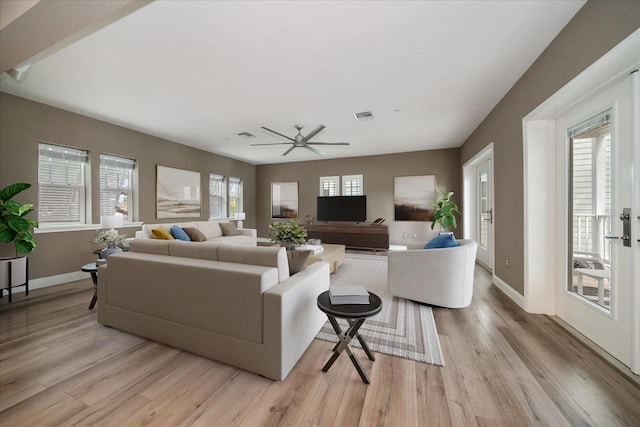 215 18th Ave, Indian Rocks Beach, FL 33785 - living room with light wood-style floors, baseboards, and ceiling fan