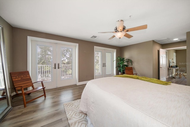 215 18th Ave, Indian Rocks Beach, FL 33785 - bedroom featuring french doors, access to exterior, wood finished floors, ceiling fan, and baseboards