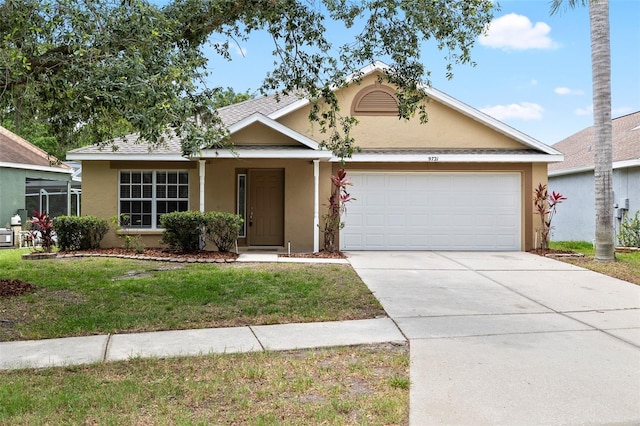 9721 Fredericksburg Rd, Tampa, FL 33635 - view of front of property with stucco siding, a garage, concrete driveway, and a front yard