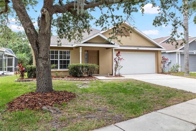 9721 Fredericksburg Rd, Tampa, FL 33635 - single story home featuring stucco siding, a garage, concrete driveway, a front yard, and a shingled roof