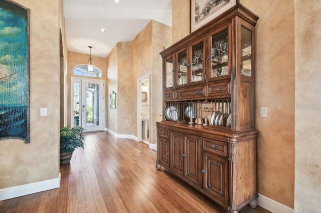 3402 Stonebridge Trl, Valrico, FL 33596 - entryway with baseboards, wood-type flooring, and a towering ceiling