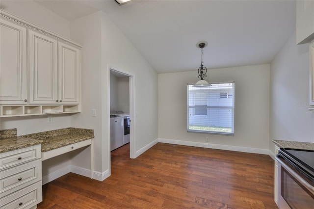 11726 S Stone Ln, Riverview, FL 33569 - kitchen featuring dark wood-type flooring, washing machine and dryer, light stone countertops, electric range, and lofted ceiling