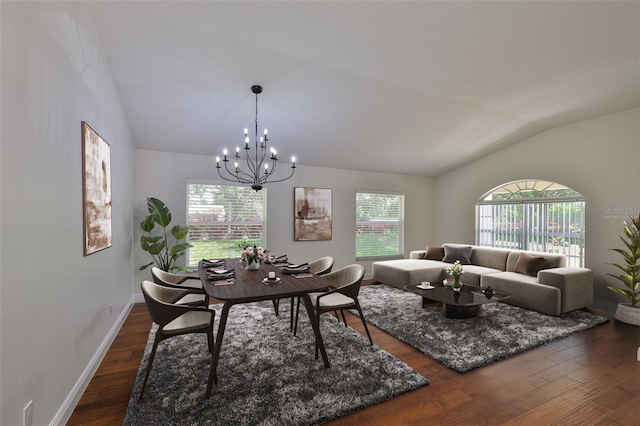 11726 S Stone Ln, Riverview, FL 33569 - dining area featuring lofted ceiling, dark wood-style flooring, a chandelier, and baseboards