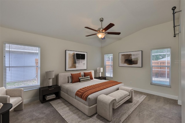 11726 S Stone Ln, Riverview, FL 33569 - bedroom featuring multiple windows, carpet, baseboards, lofted ceiling, and ceiling fan