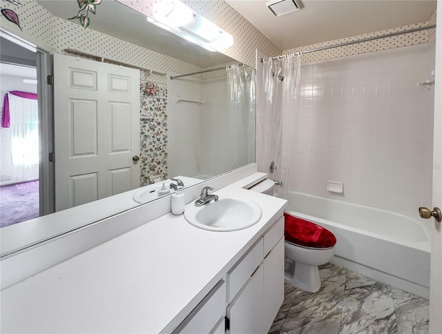 502 Chilt Dr, Brandon, FL 33510 - full bathroom with toilet, vanity, shower / bath combination with curtain, and marble look tile flooring