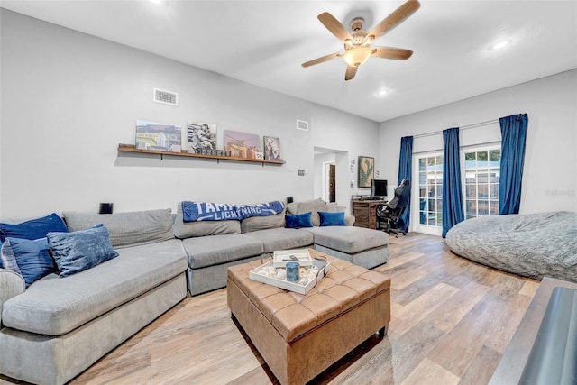 4726 W Fairview Hts, Tampa, FL 33616 - living room with light wood finished floors, a ceiling fan, recessed lighting, and an office area