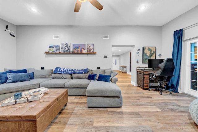 4726 W Fairview Hts, Tampa, FL 33616 - living area with recessed lighting, light wood-type flooring, a ceiling fan, a desk, and baseboards