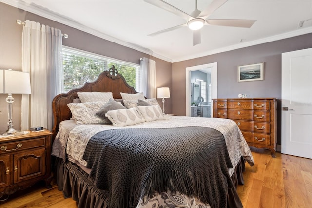 708 Westwood Cir, Brandon, FL 33511 - bedroom featuring light wood-style floors, crown molding, a ceiling fan, and ensuite bathroom