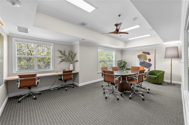800 S Dakota Ave Unit 337, Tampa, FL 33606 - carpeted office featuring a tray ceiling, baseboards, crown molding, and a ceiling fan