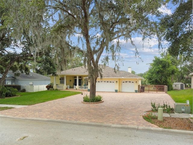 10306 Shalimar Wood Dr, Thonotosassa, FL 33592 - ranch-style home featuring an attached garage, decorative driveway, covered porch, and roof with shingles