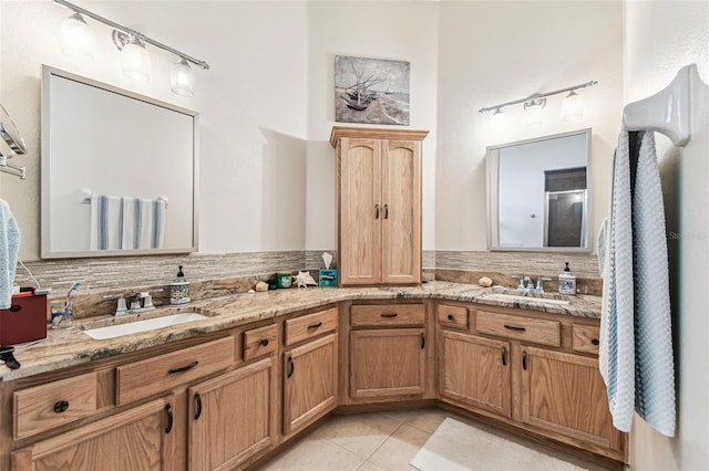 10306 Shalimar Wood Dr, Thonotosassa, FL 33592 - bathroom with tasteful backsplash, double vanity, and tile patterned flooring