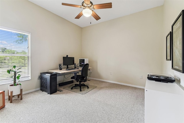 10306 Shalimar Wood Dr, Thonotosassa, FL 33592 - office featuring light carpet, baseboards, ceiling fan, and vaulted ceiling