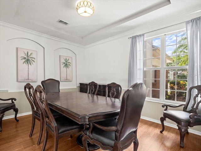6127 Cezanne Ave, Lutz, FL 33558 - dining area with wood finished floors, a raised ceiling, baseboards, and crown molding