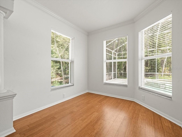 6127 Cezanne Ave, Lutz, FL 33558 - unfurnished room featuring ornate columns, wood finished floors, crown molding, healthy amount of natural light, and baseboards