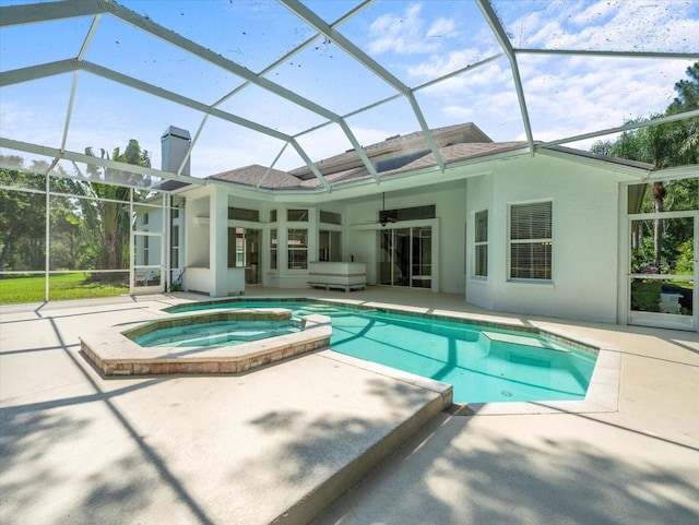 6127 Cezanne Ave, Lutz, FL 33558 - view of swimming pool with a patio, ceiling fan, a pool with connected hot tub, and glass enclosure