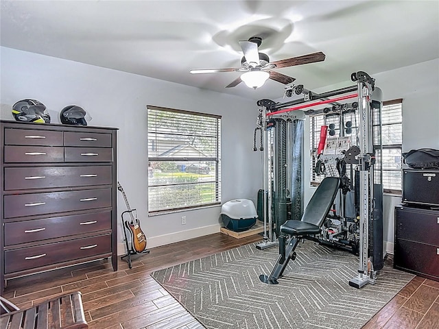 1014 Sylvia Ln, Tampa, FL 33613 - exercise room featuring dark wood-style floors and a ceiling fan