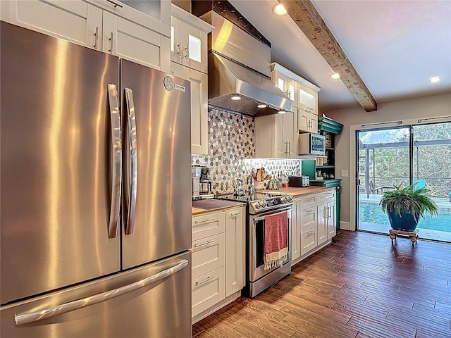 1014 Sylvia Ln, Tampa, FL 33613 - kitchen with stainless steel appliances, beamed ceiling, white cabinets, decorative backsplash, and dark wood-style flooring