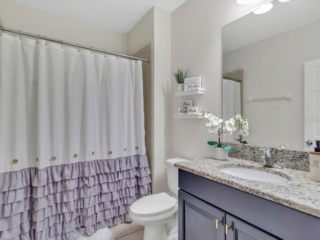 12428 Chaya Ct, Spring Hill, FL 34610 - bathroom with vanity, toilet, curtained shower, and tile patterned flooring