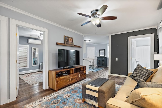 1211 14th St N, Saint Petersburg, FL 33705 - living room featuring a wall mounted AC, wood finished floors, ceiling fan, baseboards, and crown molding