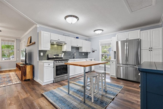 1211 14th St N, Saint Petersburg, FL 33705 - kitchen with stainless steel appliances, under cabinet range hood, crown molding, white cabinetry, and dark wood finished floors