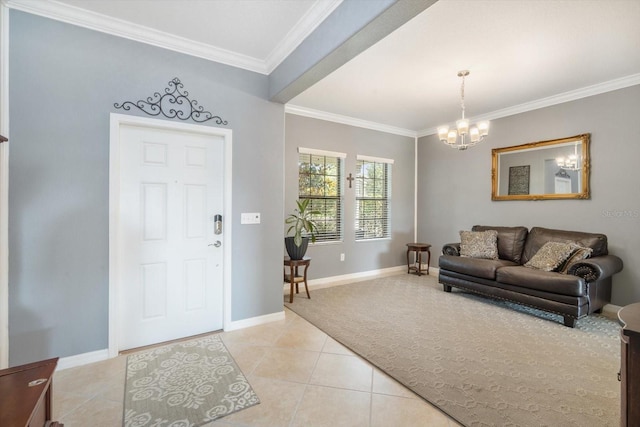 11802 Twilight Darner Pl, Riverview, FL 33569 - foyer entrance with crown molding, a chandelier, light tile patterned floors, baseboards, and light colored carpet