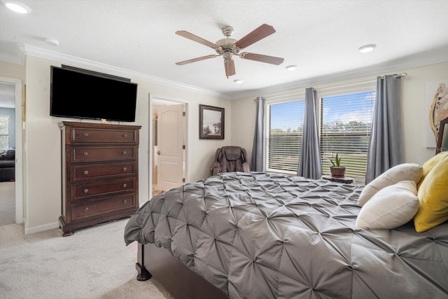 11802 Twilight Darner Pl, Riverview, FL 33569 - bedroom featuring light colored carpet, ornamental molding, ensuite bath, and ceiling fan