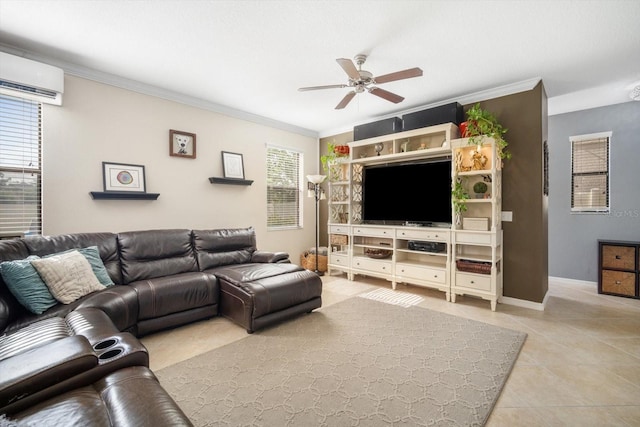 11802 Twilight Darner Pl, Riverview, FL 33569 - tiled living area with ceiling fan, ornamental molding, a wall mounted AC, and baseboards