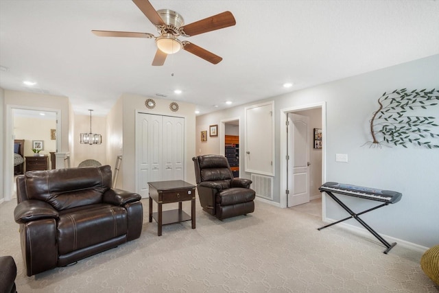 11802 Twilight Darner Pl, Riverview, FL 33569 - living area featuring light carpet, ceiling fan, baseboards, and recessed lighting