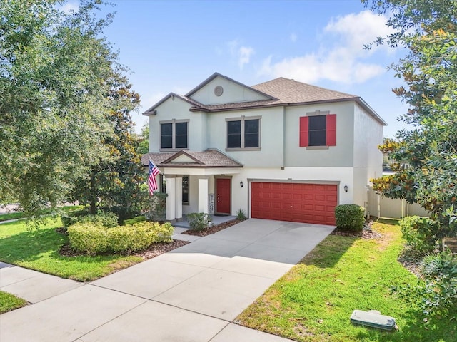11802 Twilight Darner Pl, Riverview, FL 33569 - view of front facade with stucco siding, a garage, concrete driveway, roof with shingles, and a porch