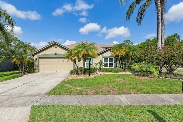 892 Crestridge Cir, Tarpon Springs, FL 34688 - ranch-style home with stucco siding, a garage, a front lawn, and concrete driveway