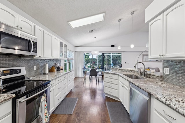892 Crestridge Cir, Tarpon Springs, FL 34688 - kitchen with stainless steel appliances, a sink, vaulted ceiling, dark wood finished floors, and a textured ceiling