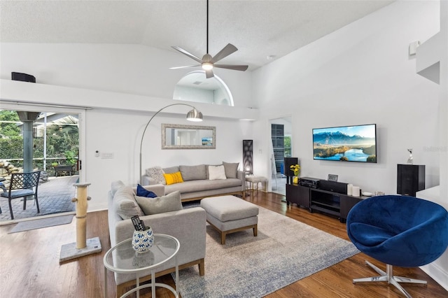 892 Crestridge Cir, Tarpon Springs, FL 34688 - living area featuring wood finished floors, a ceiling fan, and high vaulted ceiling