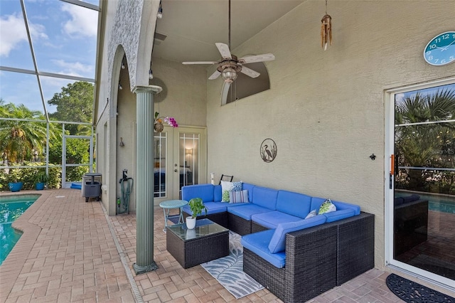 892 Crestridge Cir, Tarpon Springs, FL 34688 - view of patio featuring french doors, an outdoor pool, an outdoor hangout area, glass enclosure, and a ceiling fan