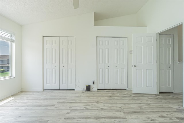 6229 Bayside Key Dr, Tampa, FL 33615 - unfurnished bedroom with lofted ceiling, multiple windows, two closets, light wood finished floors, and a textured ceiling